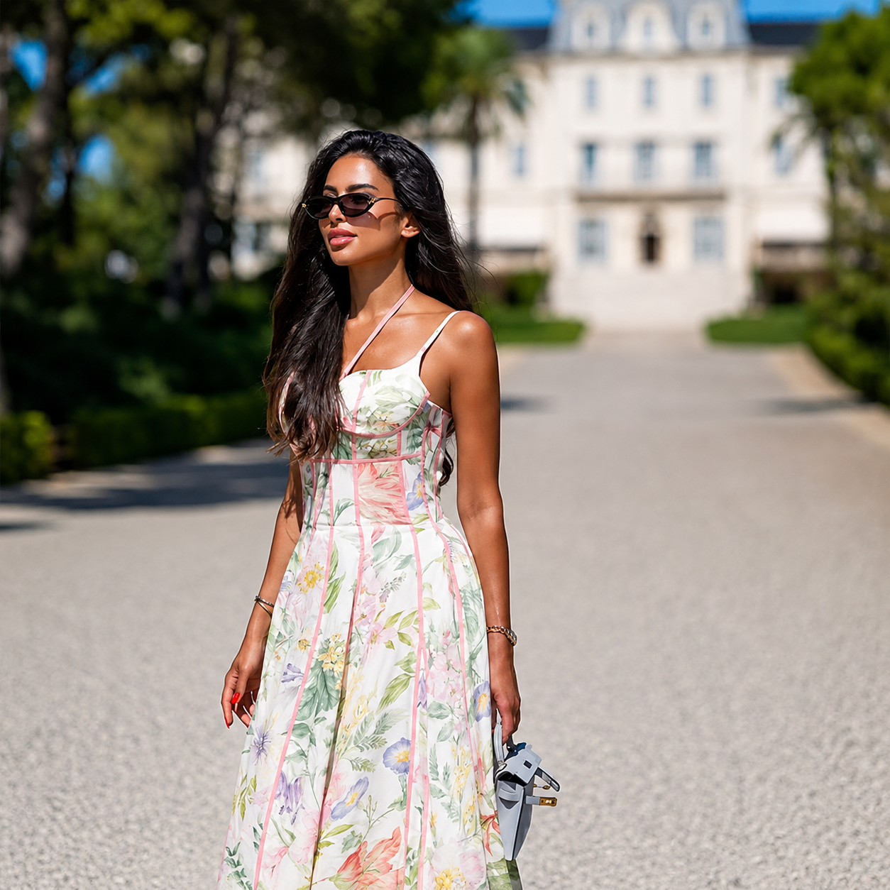 FLORA KLEID – Elegantes Maxikleid mit Blumenmuster und rosa Akzenten