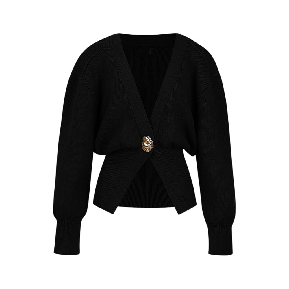 High-Street Style V-Neck Knit Cardigan with Statement Button – Loose Fit Jacket
