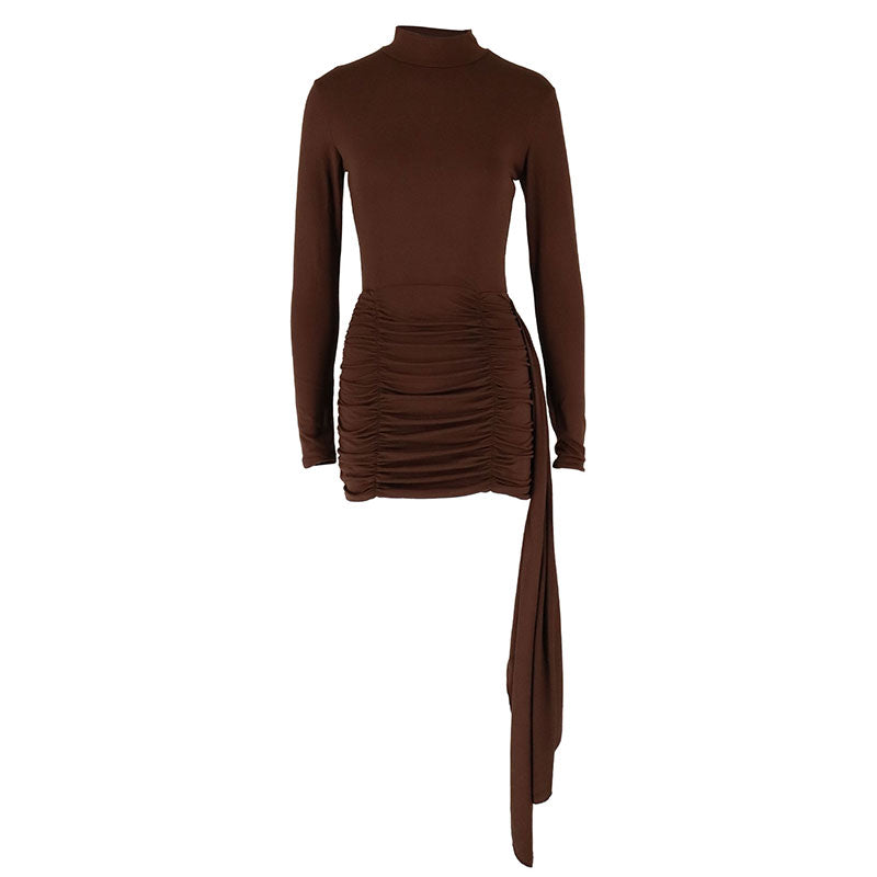 High Neck Ruched Bodycon Mini Dress with Long Scarf Detail