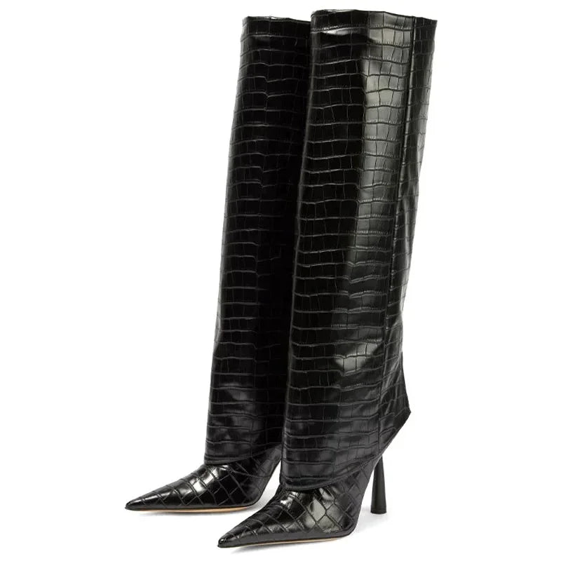 Luxurious Croc-Effect Over-the-Knee Boots | Pointed Toe & Stiletto Heel