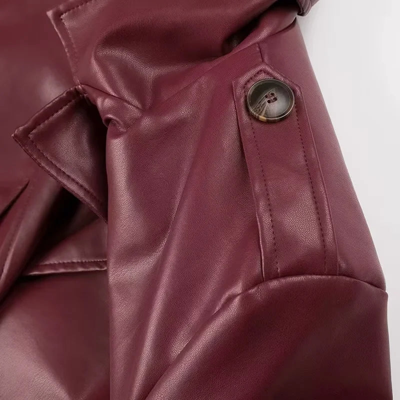 Rich Burgundy Faux Leather Trench Coat | Long & Belted