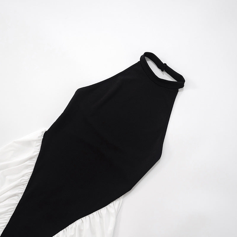 Dramatic Contrast Halter Neck Maxi Dress with Ruched Bodycon Split