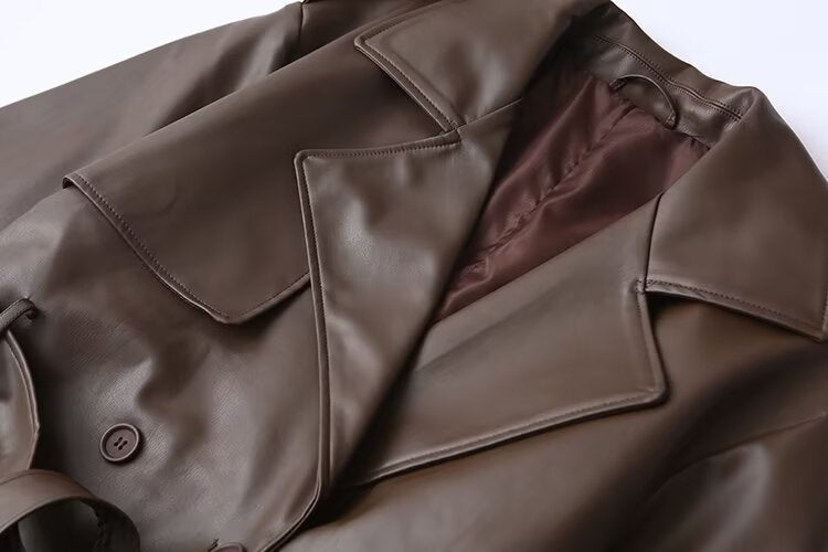 Luxurious Brown Faux Leather Trench Coat | Long, Belted & Oversized Fit.