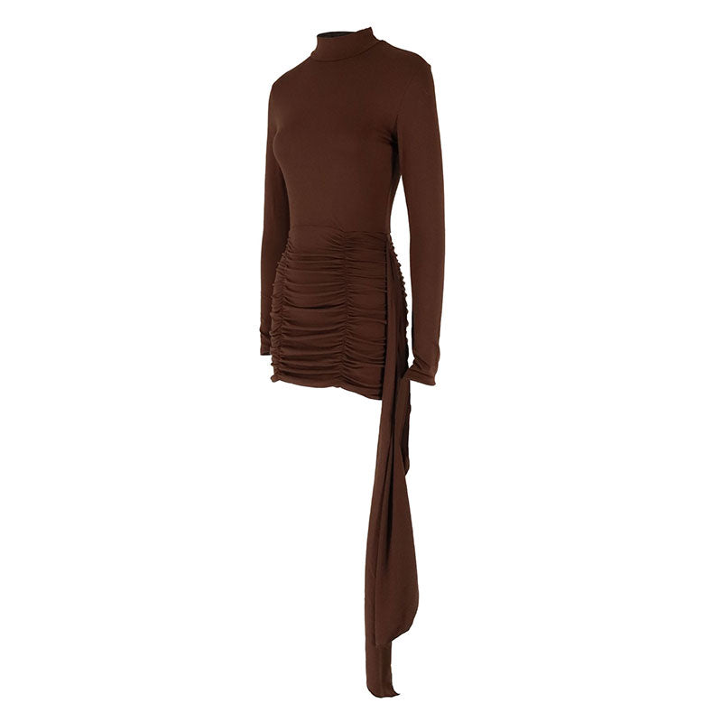 High Neck Ruched Bodycon Mini Dress with Long Scarf Detail