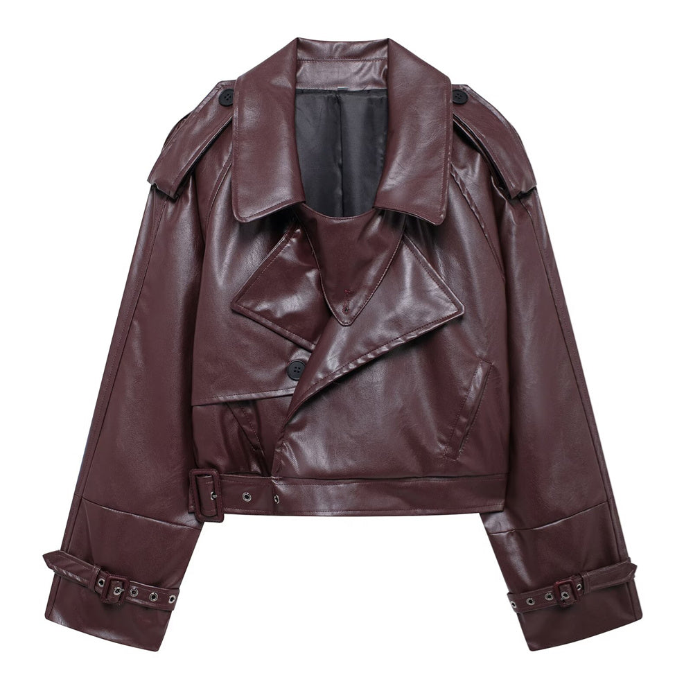 Rich Burgundy Cropped PU Leather Moto Jacket