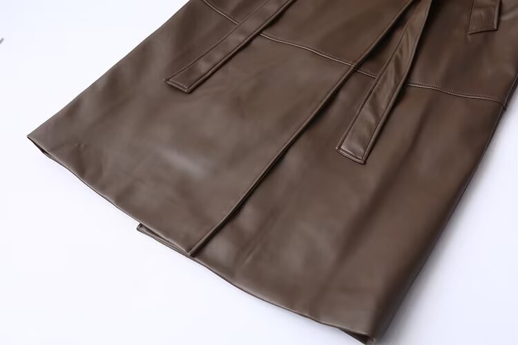 Luxurious Brown Faux Leather Trench Coat | Long, Belted & Oversized Fit.