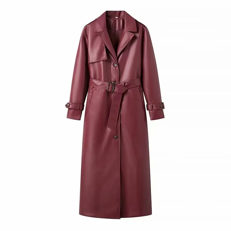 Rich Burgundy Faux Leather Trench Coat | Long & Belted
