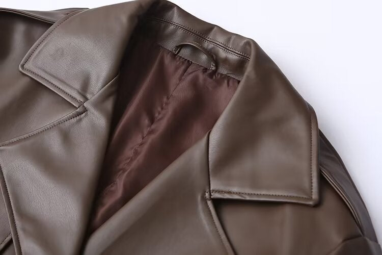 Luxurious Brown Faux Leather Trench Coat | Long, Belted & Oversized Fit.