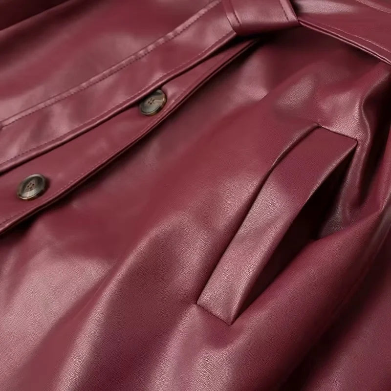 Rich Burgundy Faux Leather Trench Coat | Long & Belted