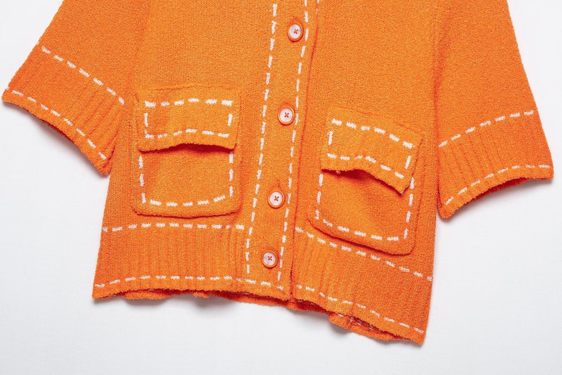 Chic French Style Knit Cardigan – Round Neck Sweater Jacket with Contrast Stitching