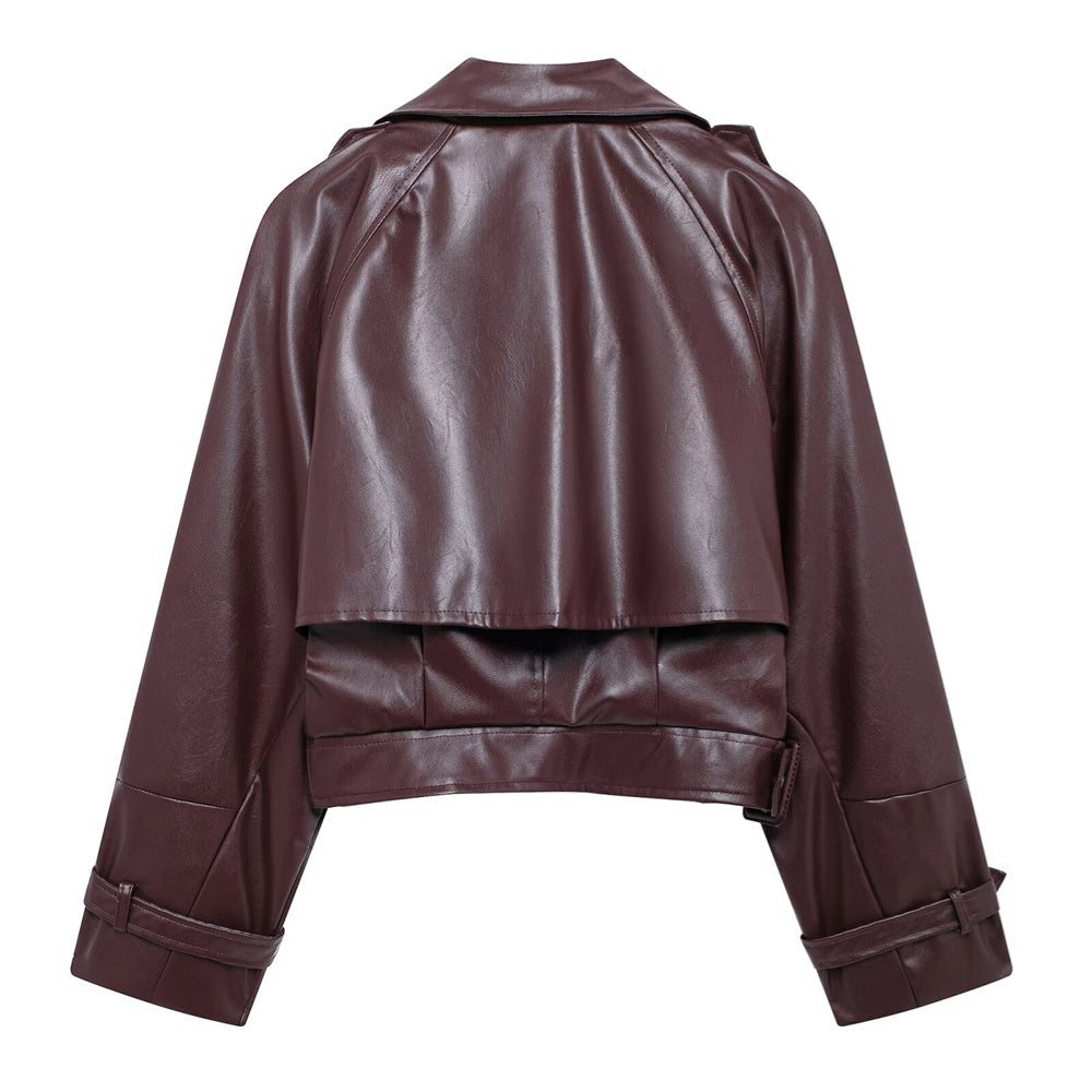 Rich Burgundy Cropped PU Leather Moto Jacket