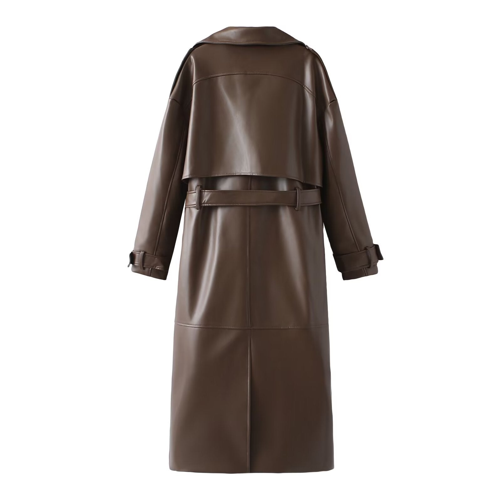 Luxurious Brown Faux Leather Trench Coat | Long, Belted & Oversized Fit.