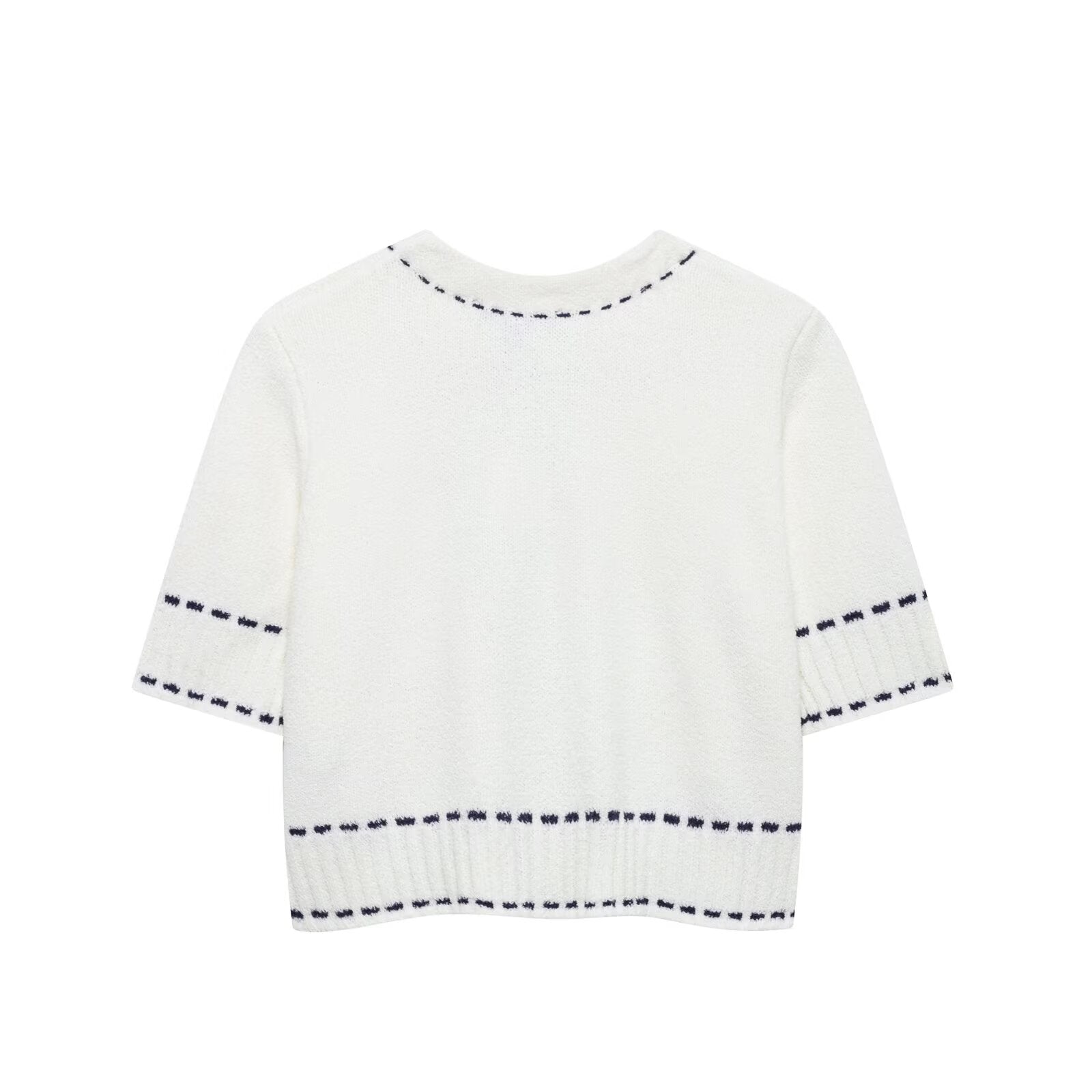 Chic French Style Knit Cardigan – Round Neck Sweater Jacket with Contrast Stitching