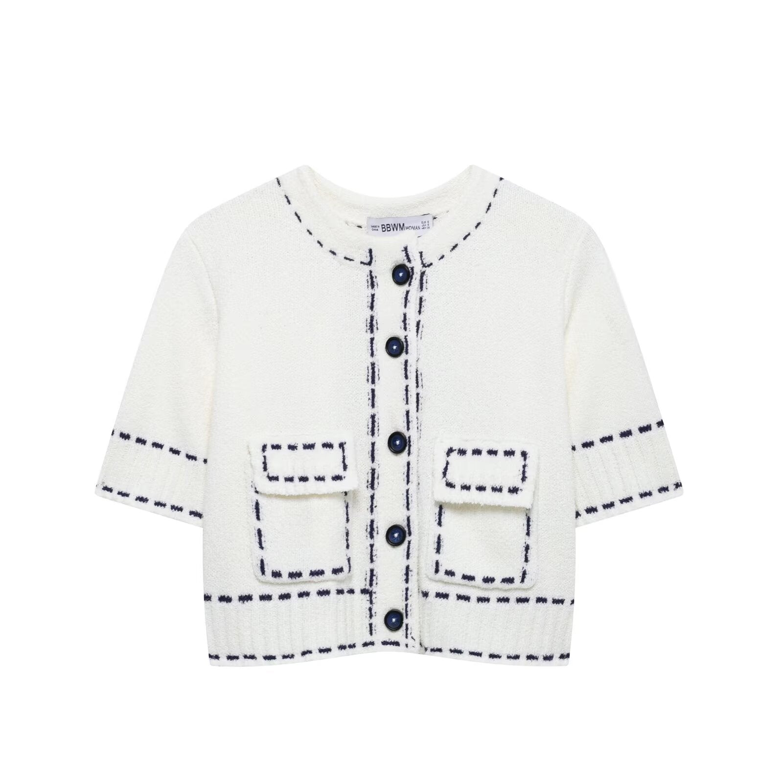 Chic French Style Knit Cardigan – Round Neck Sweater Jacket with Contrast Stitching