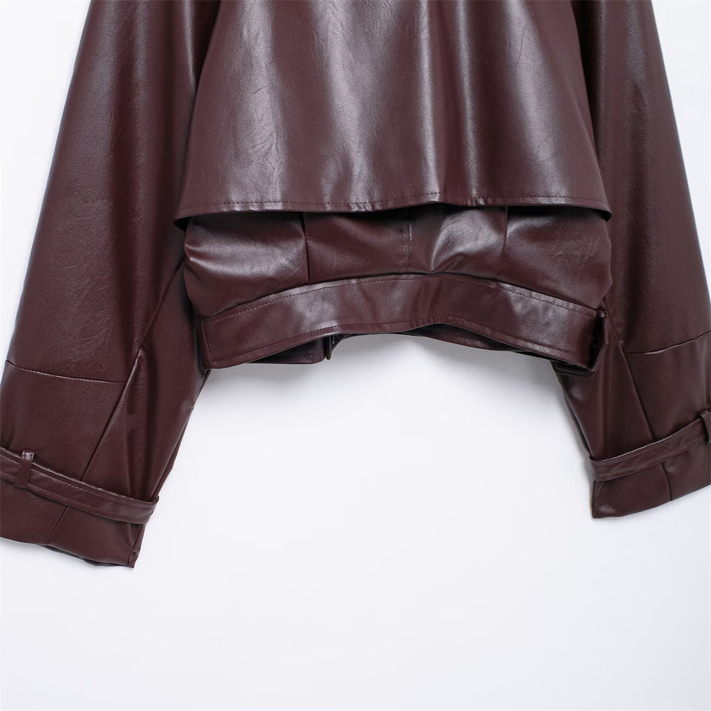 Rich Burgundy Cropped PU Leather Moto Jacket