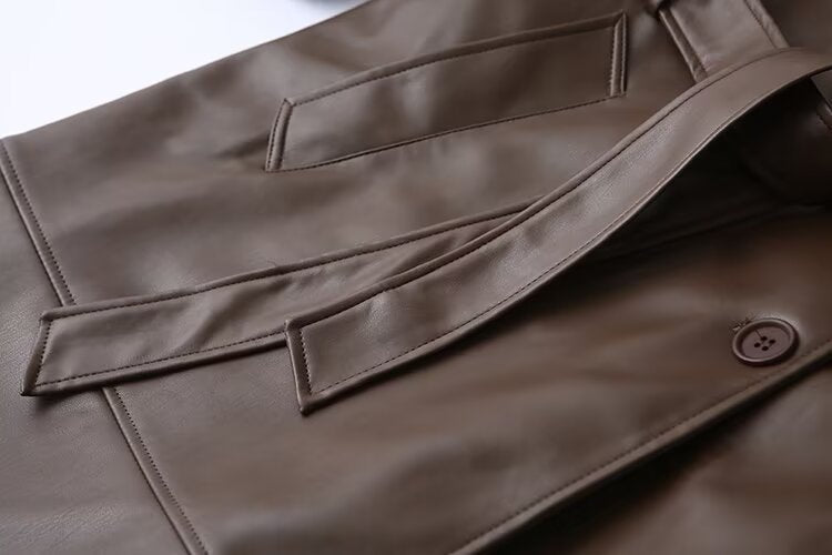 Luxurious Brown Faux Leather Trench Coat | Long, Belted & Oversized Fit.