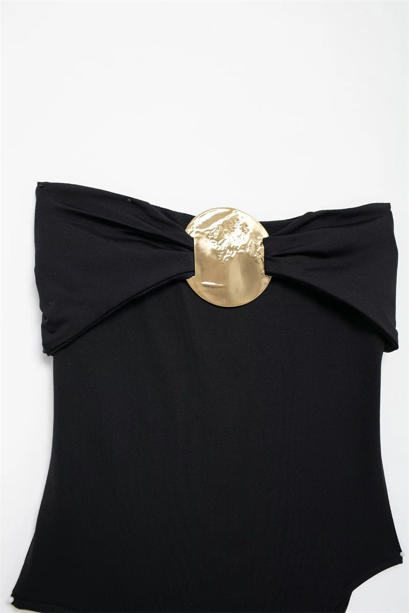 Elegant  Strapless Bow Bodysuit with Metallic Detail – Statement One-Piece Overall