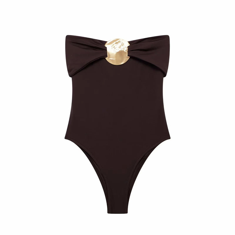 Elegant  Strapless Bow Bodysuit with Metallic Detail – Statement One-Piece Overall