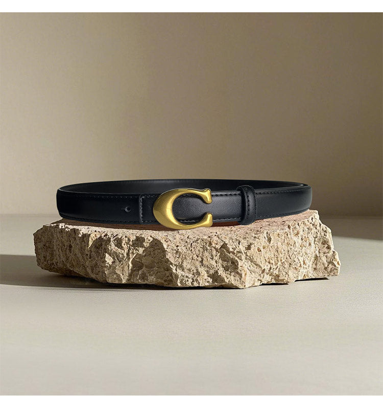 Chic Black Faux Leather Belt with Gold-Tone C-Logo Buckle