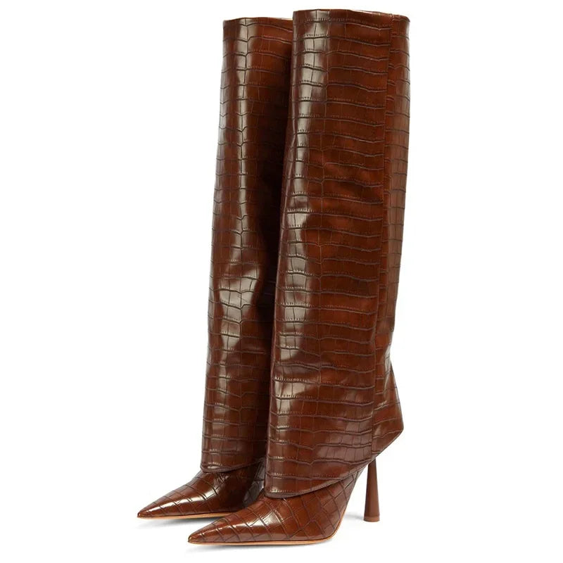Luxurious Croc-Effect Over-the-Knee Boots | Pointed Toe & Stiletto Heel