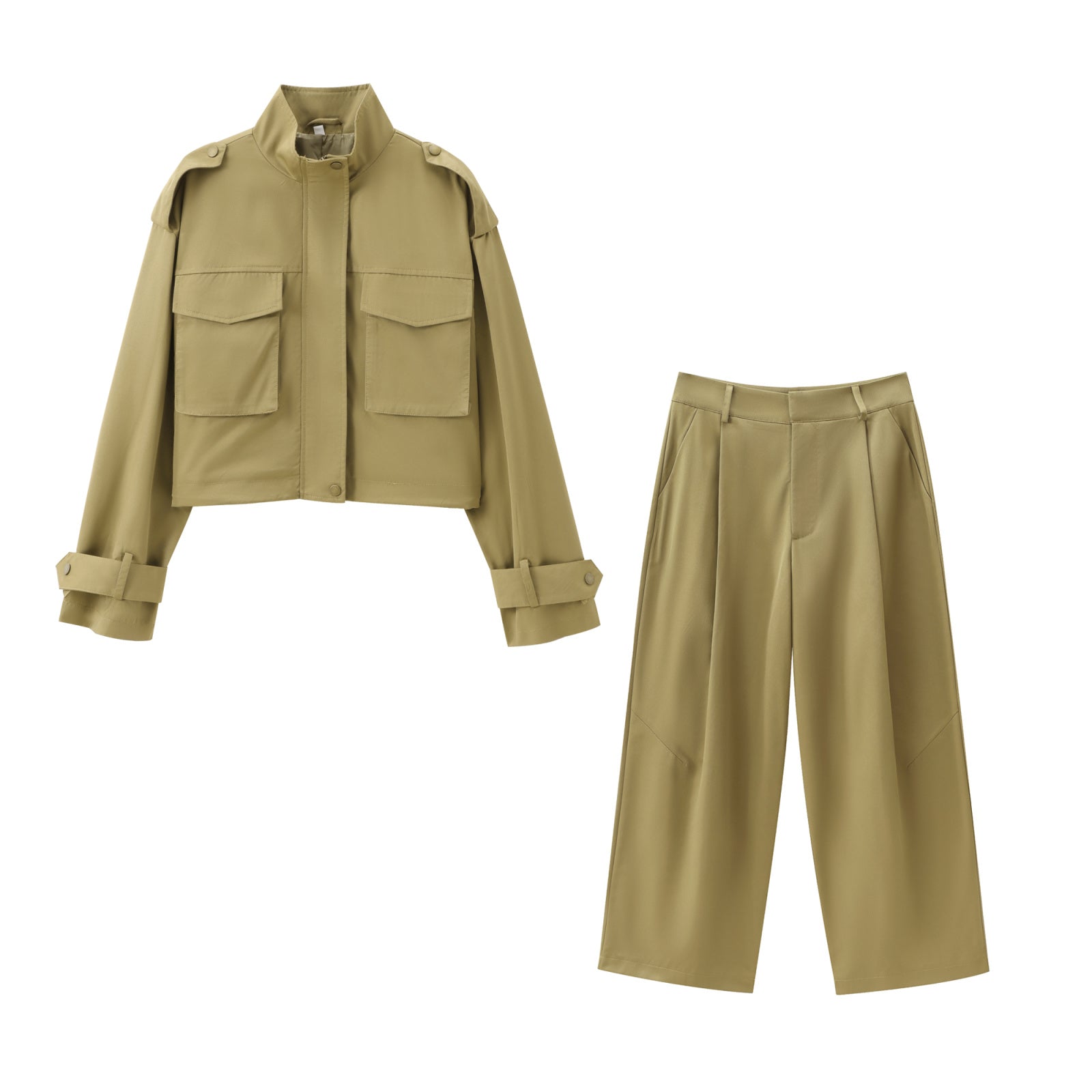 KHAKI UTILITY SET – Cropped Jacket & Wide-Leg Trousers