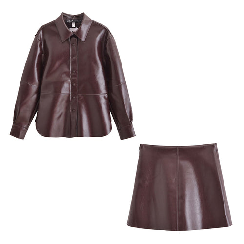 BORDEAUX ECLIPSE SET – Faux Leather Shirt & Mini Skirt