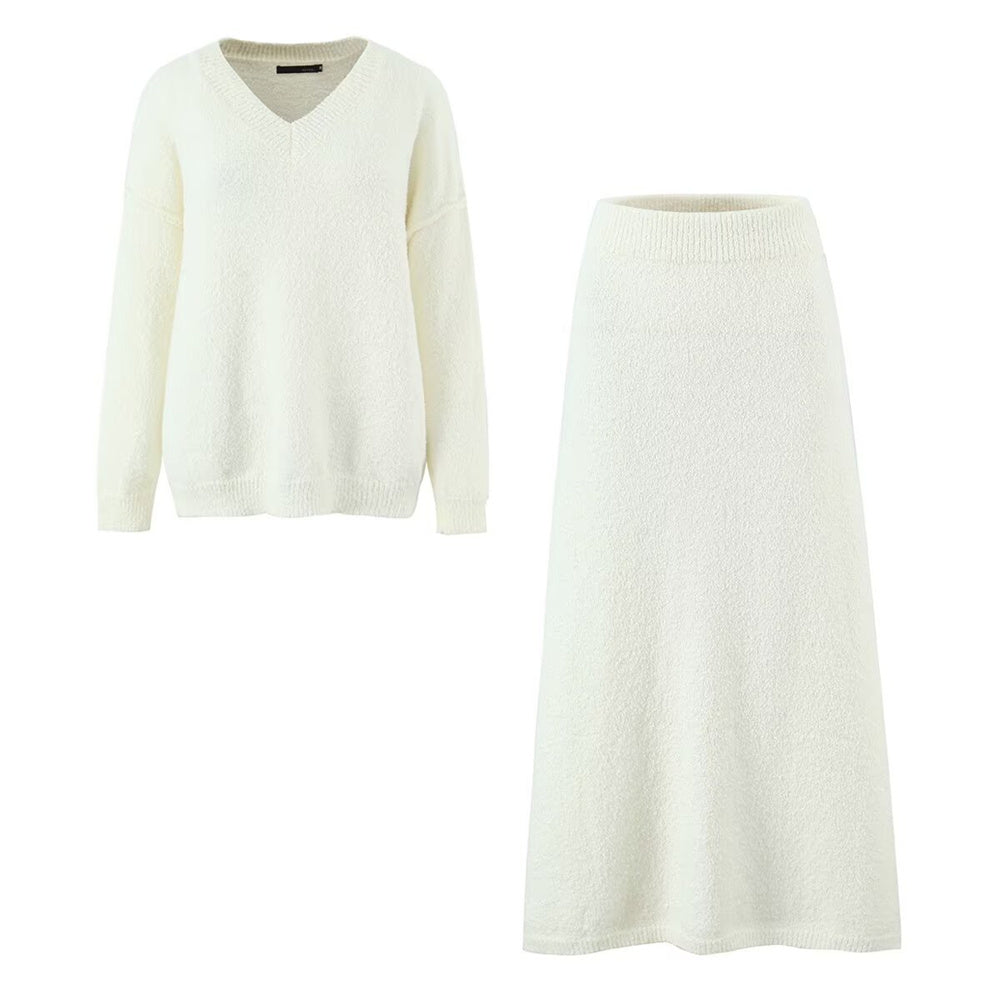 CLOUD NINE" KNIT SET – V-Neck Sweater & Midi Skirt