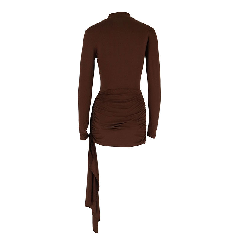 High Neck Ruched Bodycon Mini Dress with Long Scarf Detail