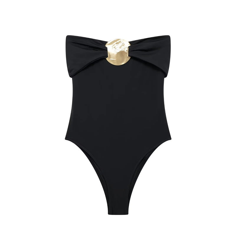 Elegant  Strapless Bow Bodysuit with Metallic Detail – Statement One-Piece Overall