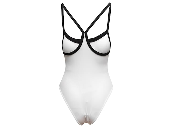 Chic Monochrome White Bodysuit with Contrast Black Trim - Essential Stretch Leotard
