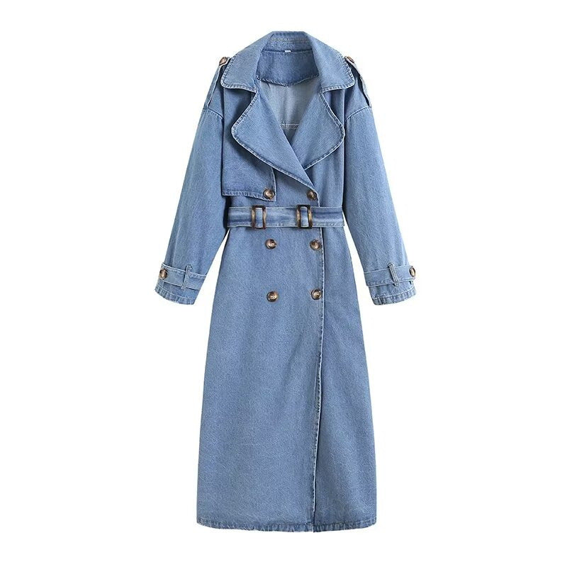 Chic Long Denim Trench Coat for Women | Double-Breasted & Belted | Light Wash Street Style