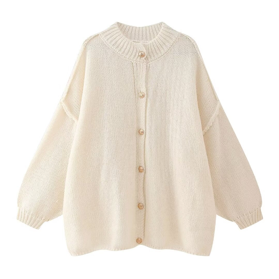 Cozy Oversized Knit Cardigan – Balloon Sleeve Button-Up Sweater
