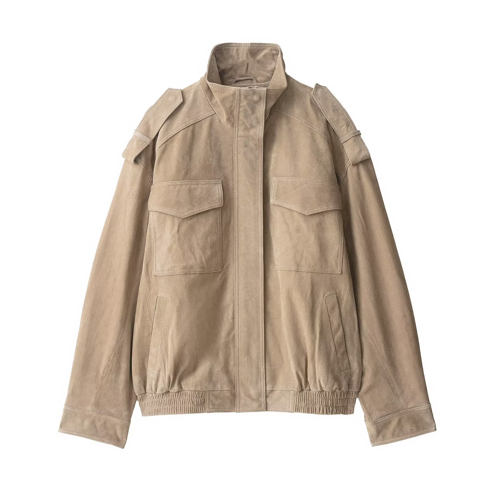 Vintage Suede-Look Bomber Jacket | Utility Pockets & Band Collar | Tan/Camel Outerwear