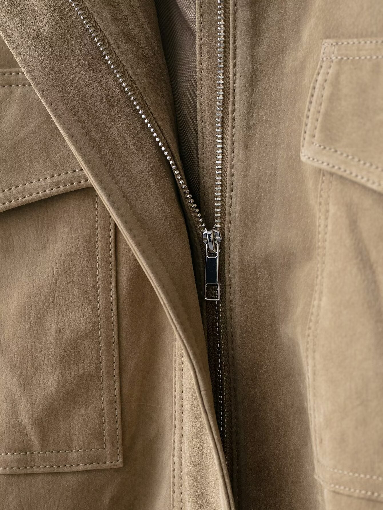 Vintage Suede-Look Bomber Jacket | Utility Pockets & Band Collar | Tan/Camel Outerwear