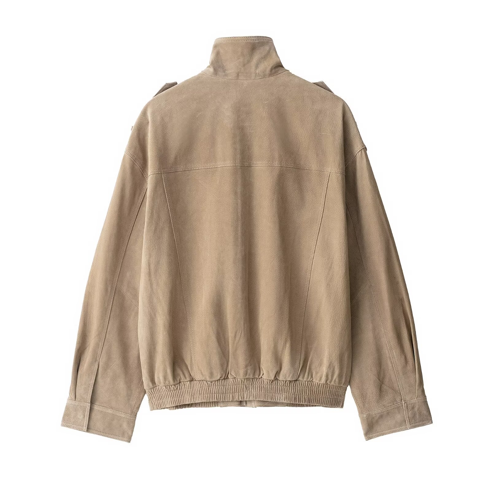 Vintage Suede-Look Bomber Jacket | Utility Pockets & Band Collar | Tan/Camel Outerwear