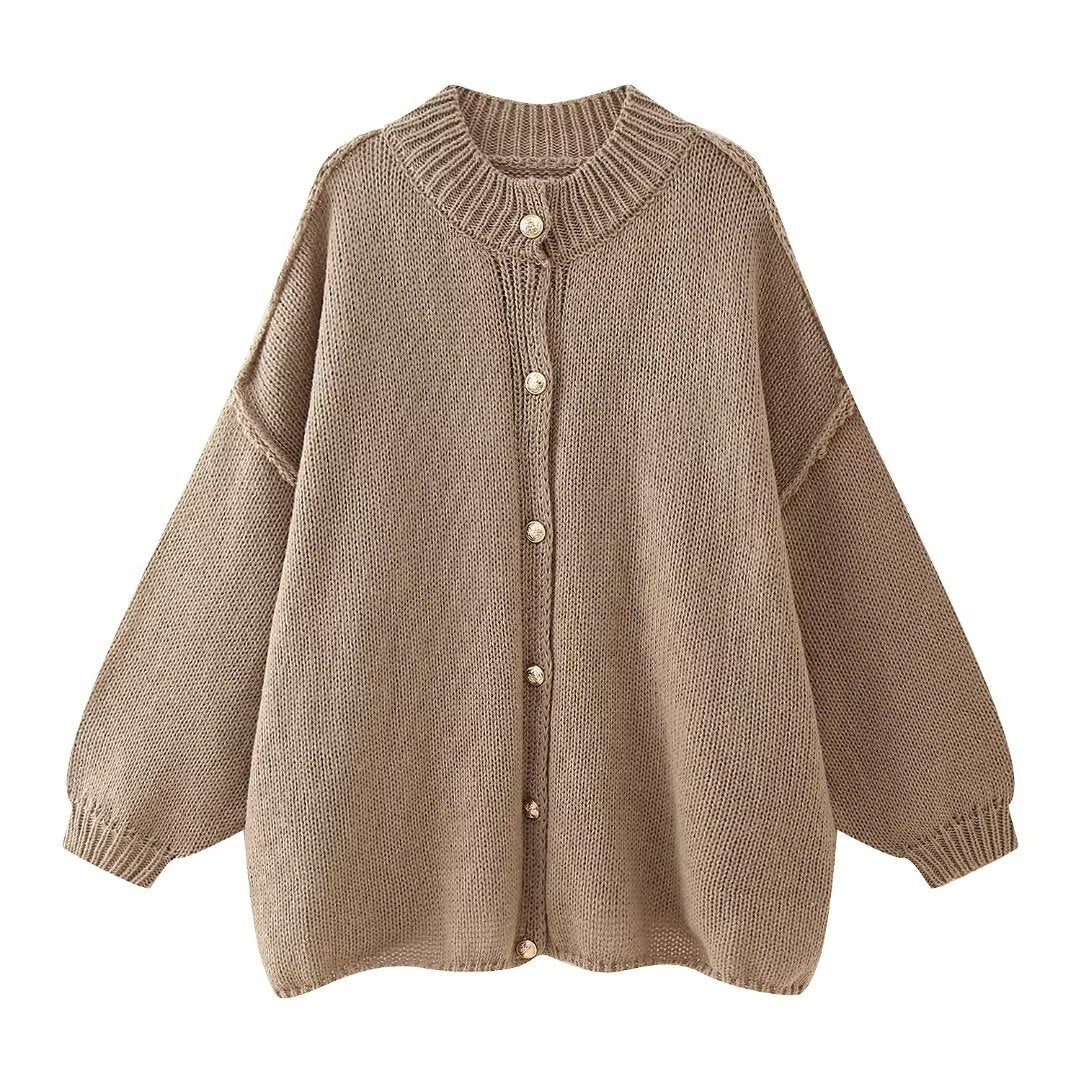 Cozy Oversized Knit Cardigan – Balloon Sleeve Button-Up Sweater