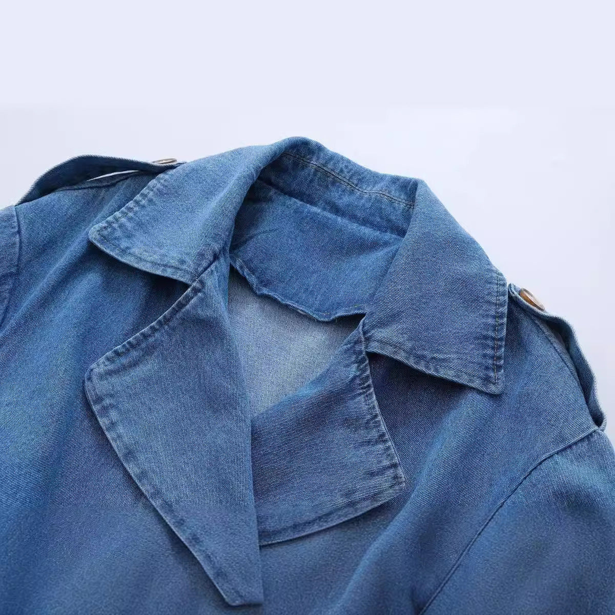 Chic Long Denim Trench Coat for Women | Double-Breasted & Belted | Light Wash Street Style