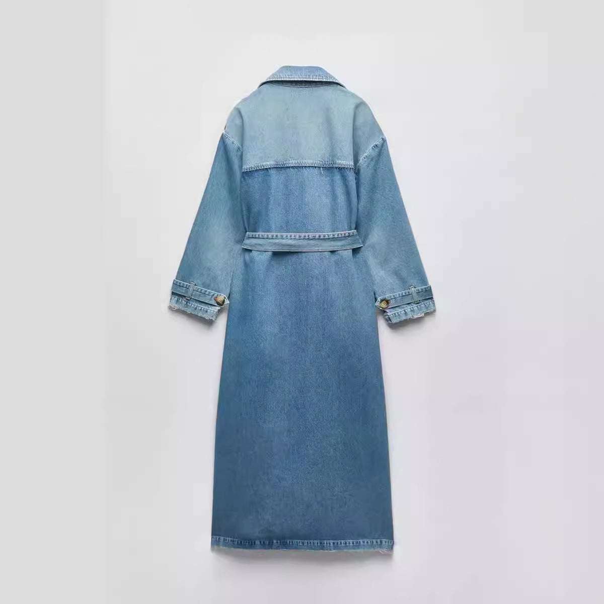 Chic Long Denim Trench Coat for Women | Double-Breasted & Belted | Light Wash Street Style