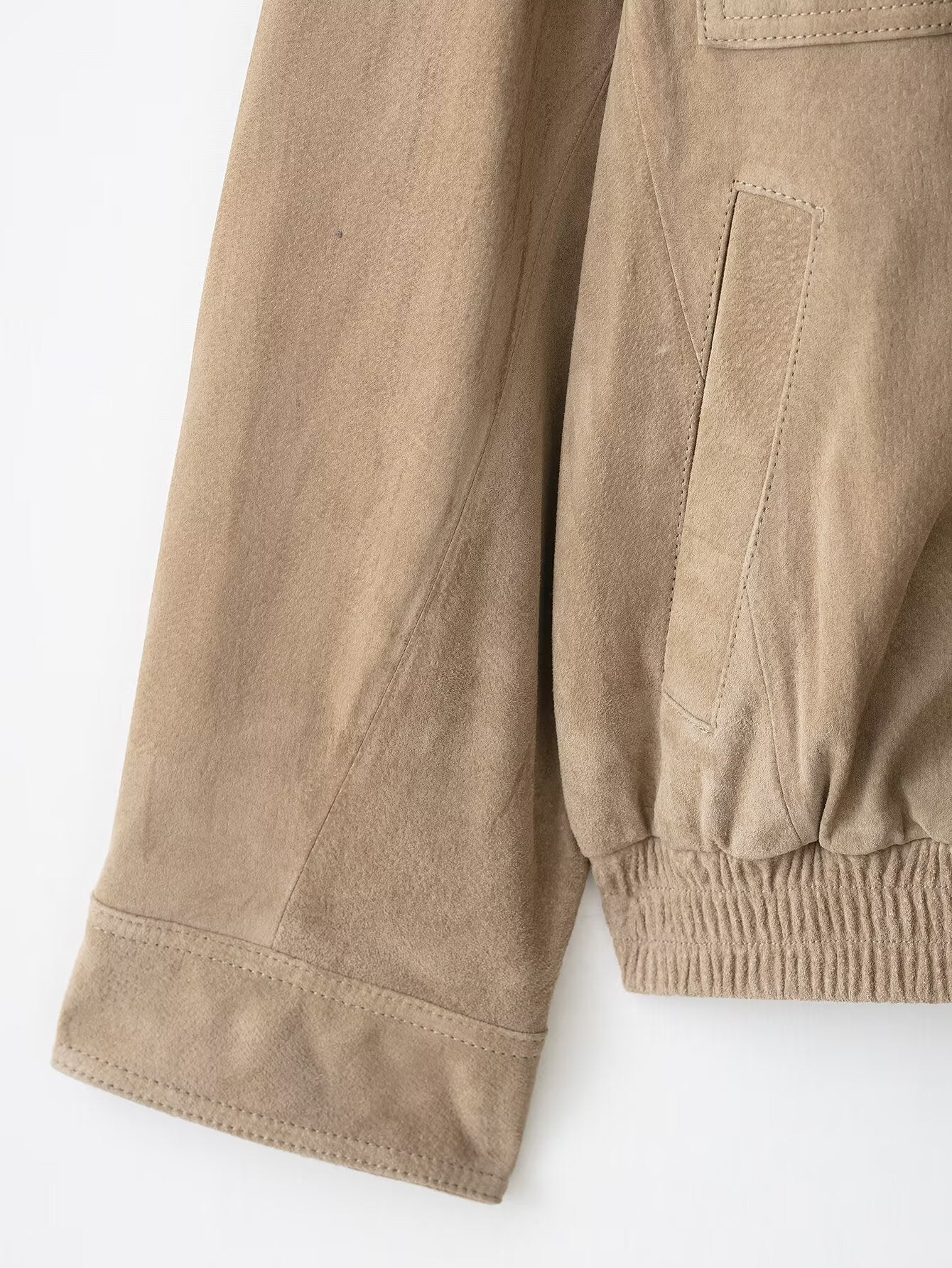 Vintage Suede-Look Bomber Jacket | Utility Pockets & Band Collar | Tan/Camel Outerwear