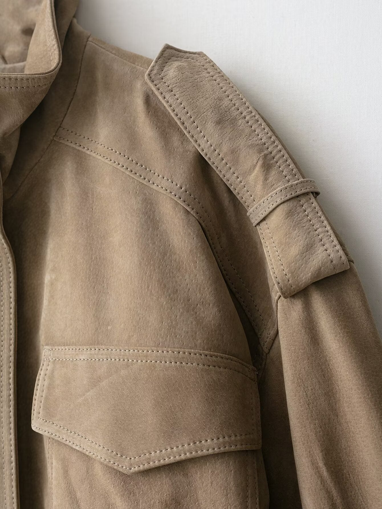 Vintage Suede-Look Bomber Jacket | Utility Pockets & Band Collar | Tan/Camel Outerwear
