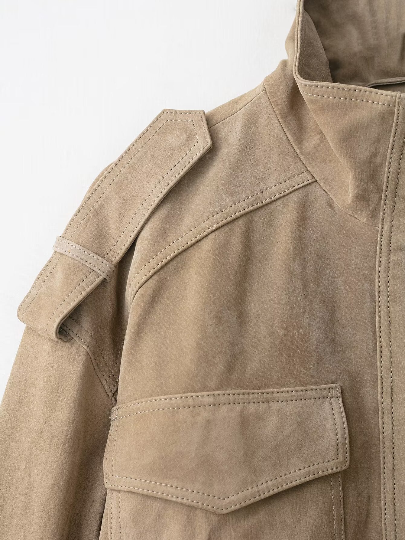 Vintage Suede-Look Bomber Jacket | Utility Pockets & Band Collar | Tan/Camel Outerwear