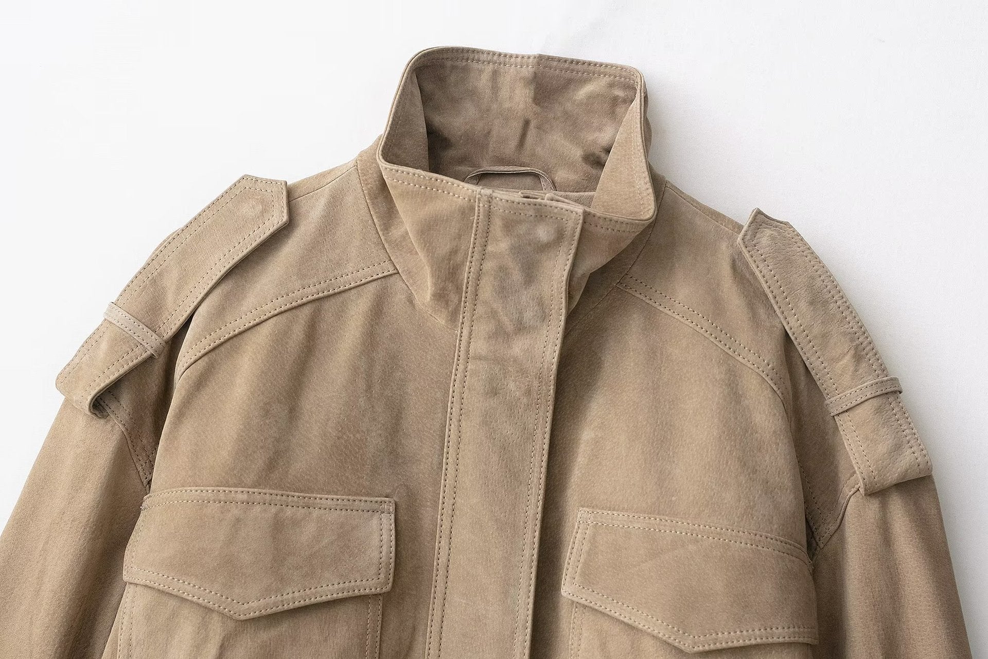 Vintage Suede-Look Bomber Jacket | Utility Pockets & Band Collar | Tan/Camel Outerwear