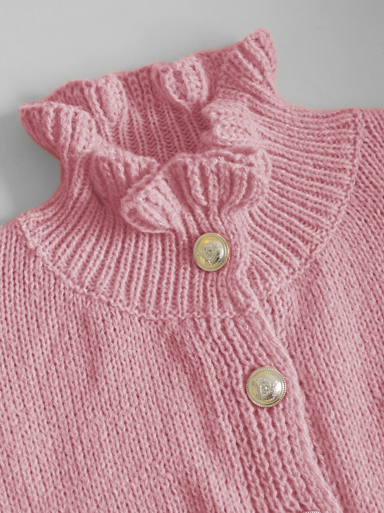 Chic Ruffle-Trim Cardigan with Pearl Buttons | Puff Sleeve Knit Sweater