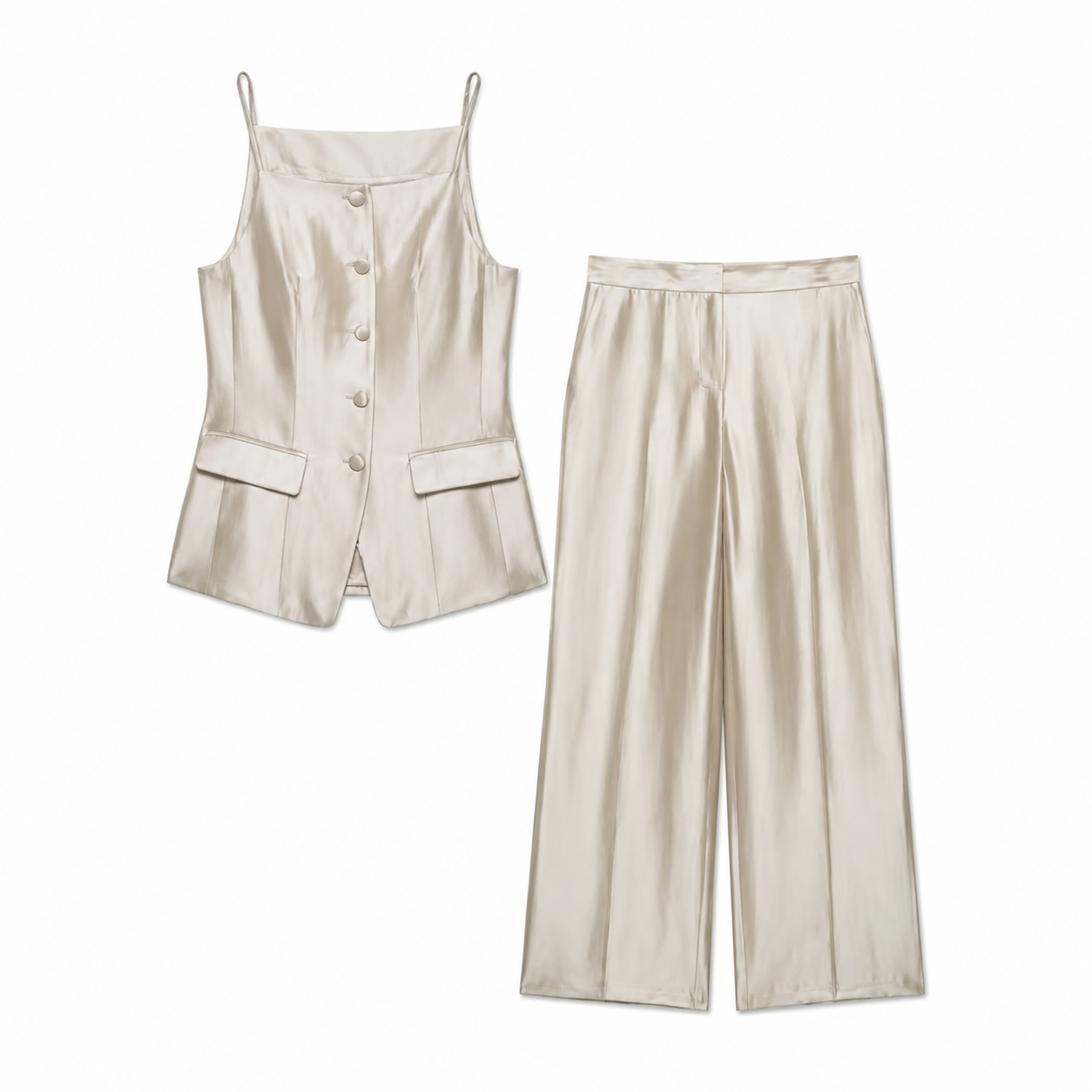 Aura Satin Set – Elegantes Damen Zweiteiler Set mit weiter Hose in Beige