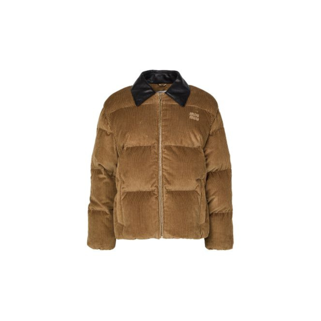 Vintage-Inspired Corduroy Puffer Bomber Jacket- Camel/Brown