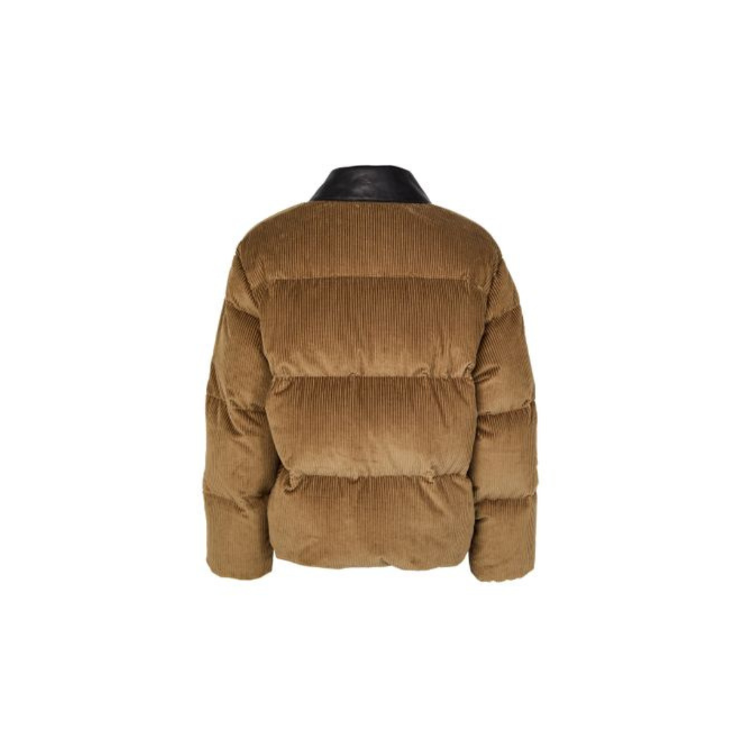 Vintage-Inspired Corduroy Puffer Bomber Jacket- Camel/Brown