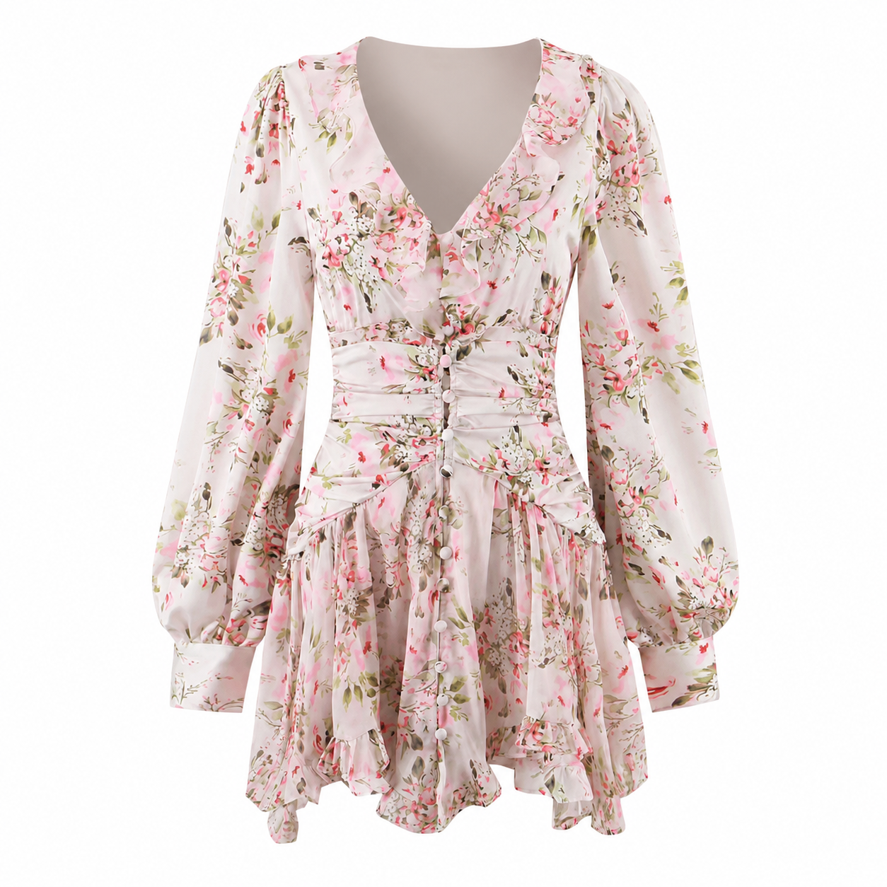Cherry Bloom Kleid – Elegantes Blumen-Minikleid mit Rüschen und V-Ausschnitt