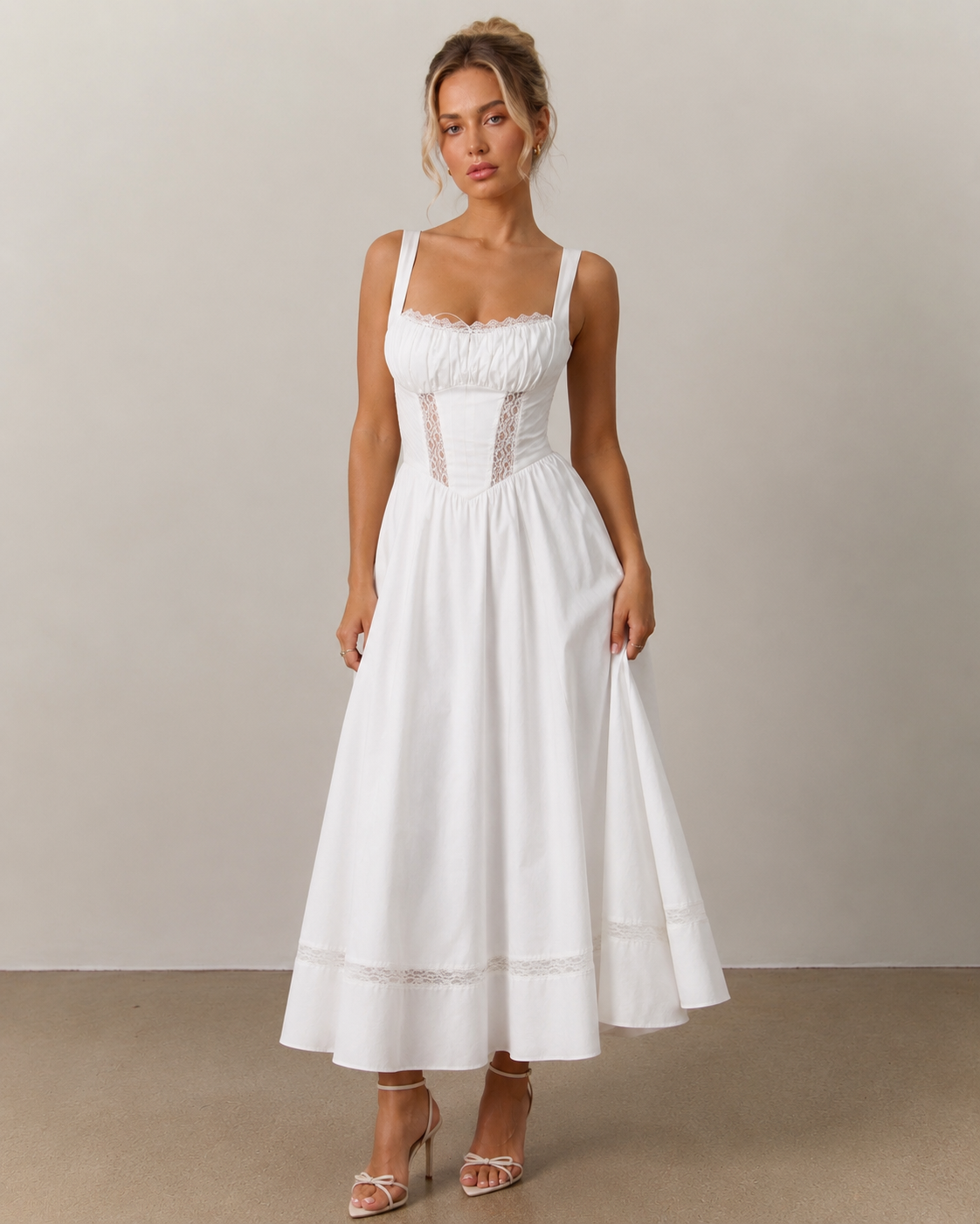 Marina Kleid – Elegantes Midi-Kleid in Weiß mit Spitzen-Details und tailliertem Schnitt