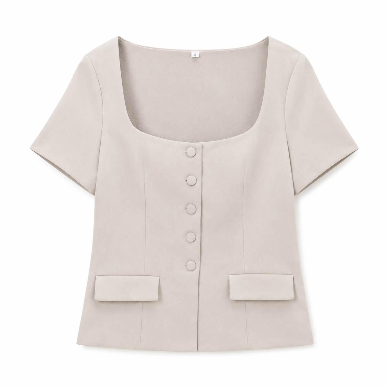 Liora Elegant Square Neck Bluse Beige – Damen Kurzarm Top mit Knopfleiste