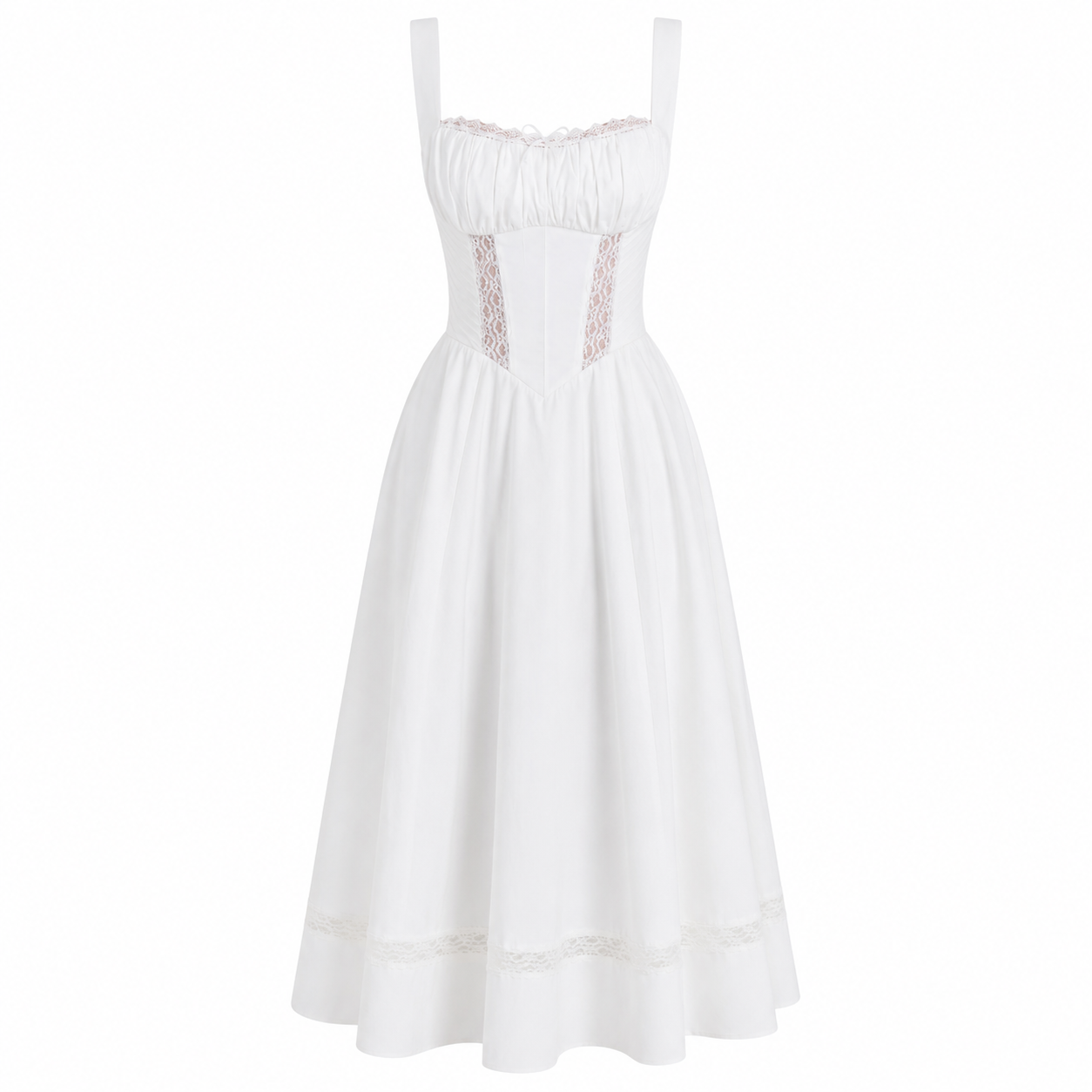 Marina Kleid – Elegantes Midi-Kleid in Weiß mit Spitzen-Details und tailliertem Schnitt